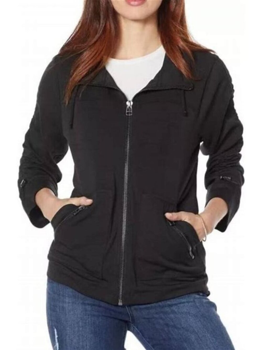 Democracy Black Stretch Tech Ruched Sleeve Full Front Zipper Jacket Size Medium
